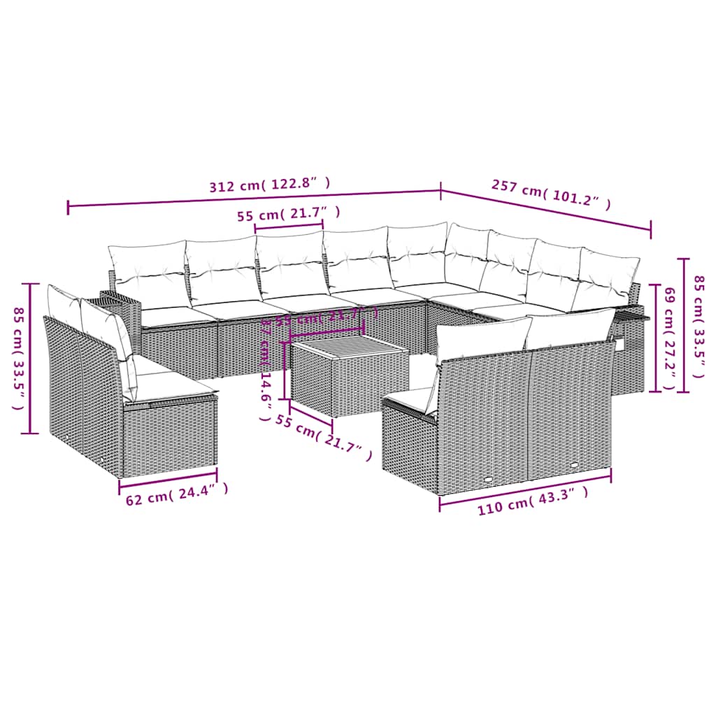 13-teiliges Gartensofa-Set mit Kissen, grau, Polyrattan