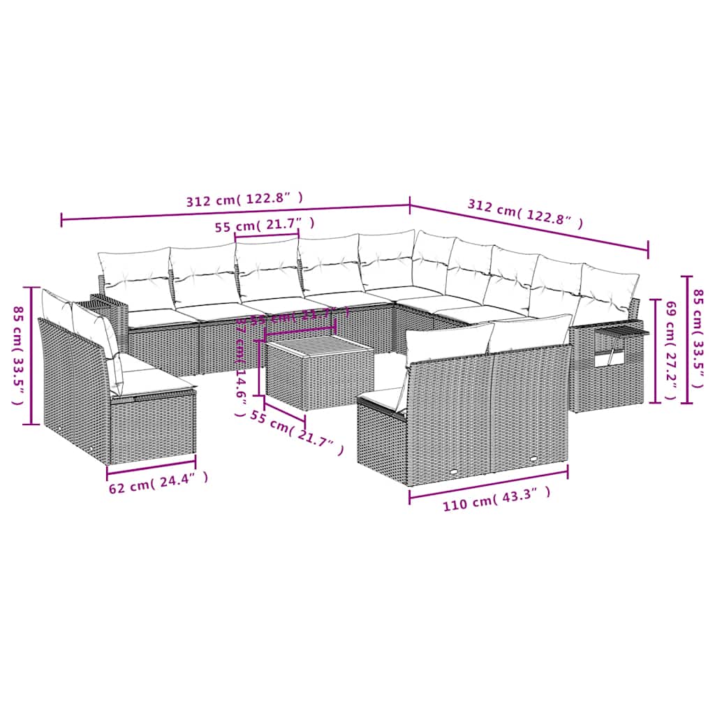 14-teiliges Gartensofa-Set mit Kissen, schwarzes Polyrattan
