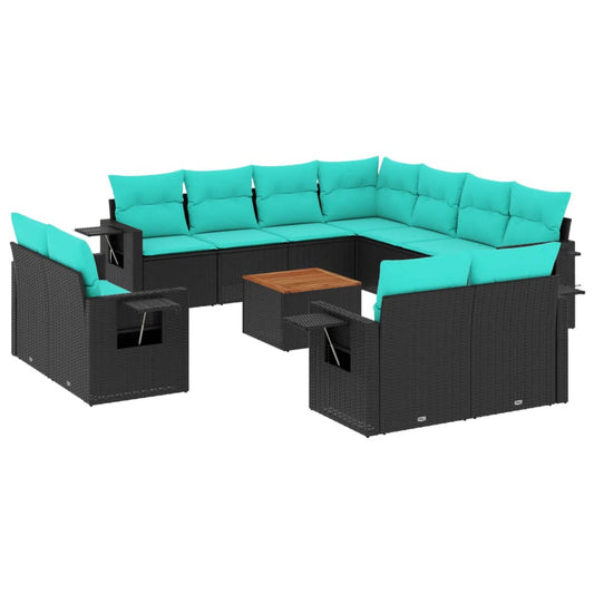 12-teiliges Gartensofa-Set mit Kissen, schwarzes Polyrattan