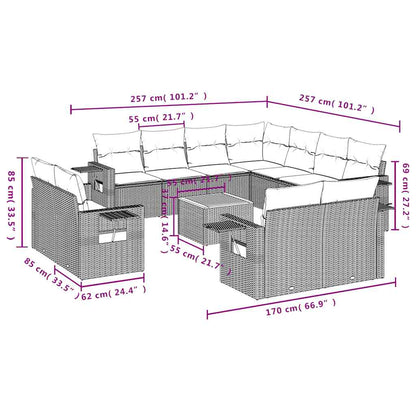 12-teiliges Gartensofa-Set mit Kissen, schwarzes Polyrattan