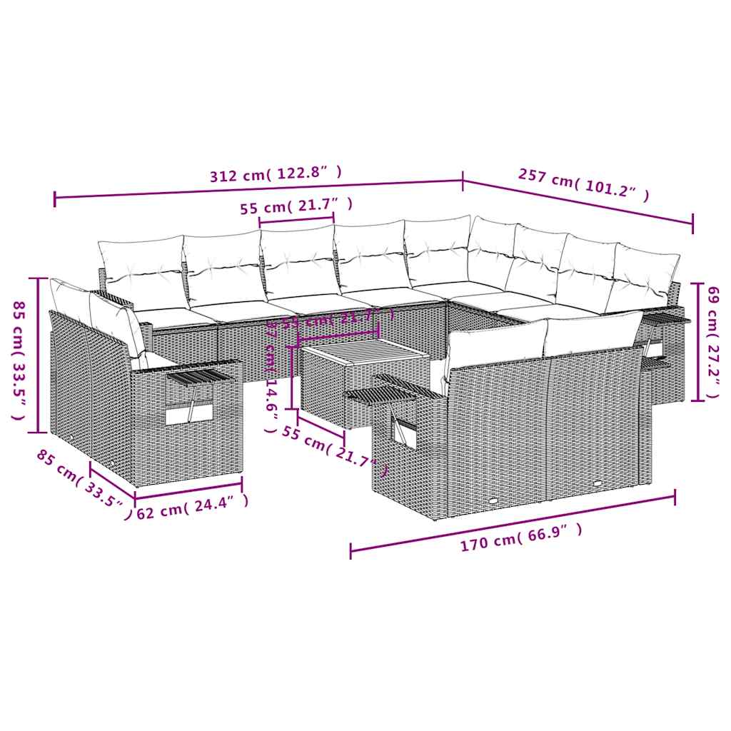 13-teiliges Gartensofa-Set mit Kissen, schwarzes Polyrattan