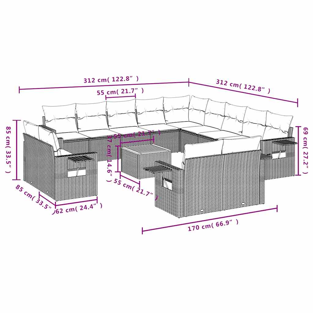 14-teiliges Gartensofa-Set mit Kissen, schwarzes Polyrattan