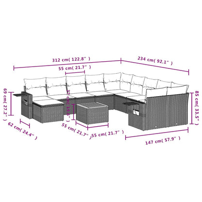 12-teiliges Gartensofa-Set mit Kissen, schwarzes Polyrattan