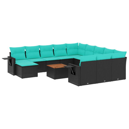 13-teiliges Gartensofa-Set mit Kissen, schwarzes Polyrattan