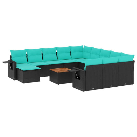 13-teiliges Gartensofa-Set mit Kissen, schwarzes Polyrattan