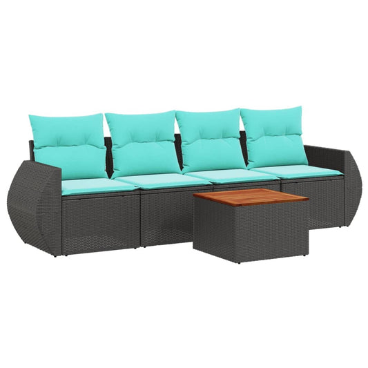 5-teiliges Gartensofa-Set mit Kissen, schwarzes Polyrattan