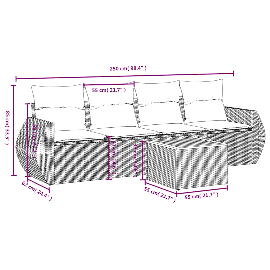 5-teiliges Gartensofa-Set mit Kissen, schwarzes Polyrattan