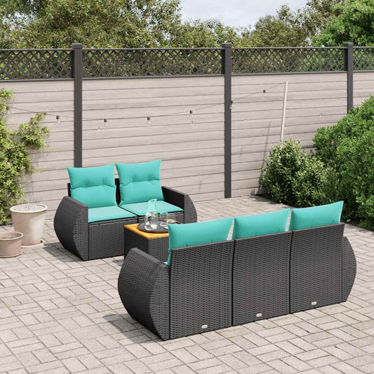 6-teiliges Gartensofa-Set mit Kissen, schwarzes Polyrattan