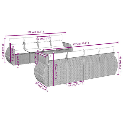 9-teiliges Gartensofa-Set mit Kissen, schwarzes Polyrattan