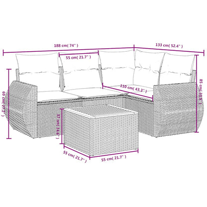 5-teiliges Gartensofa-Set mit Kissen, schwarzes Polyrattan