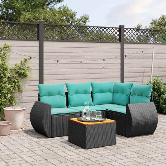 5-teiliges Gartensofa-Set mit Kissen, schwarzes Polyrattan