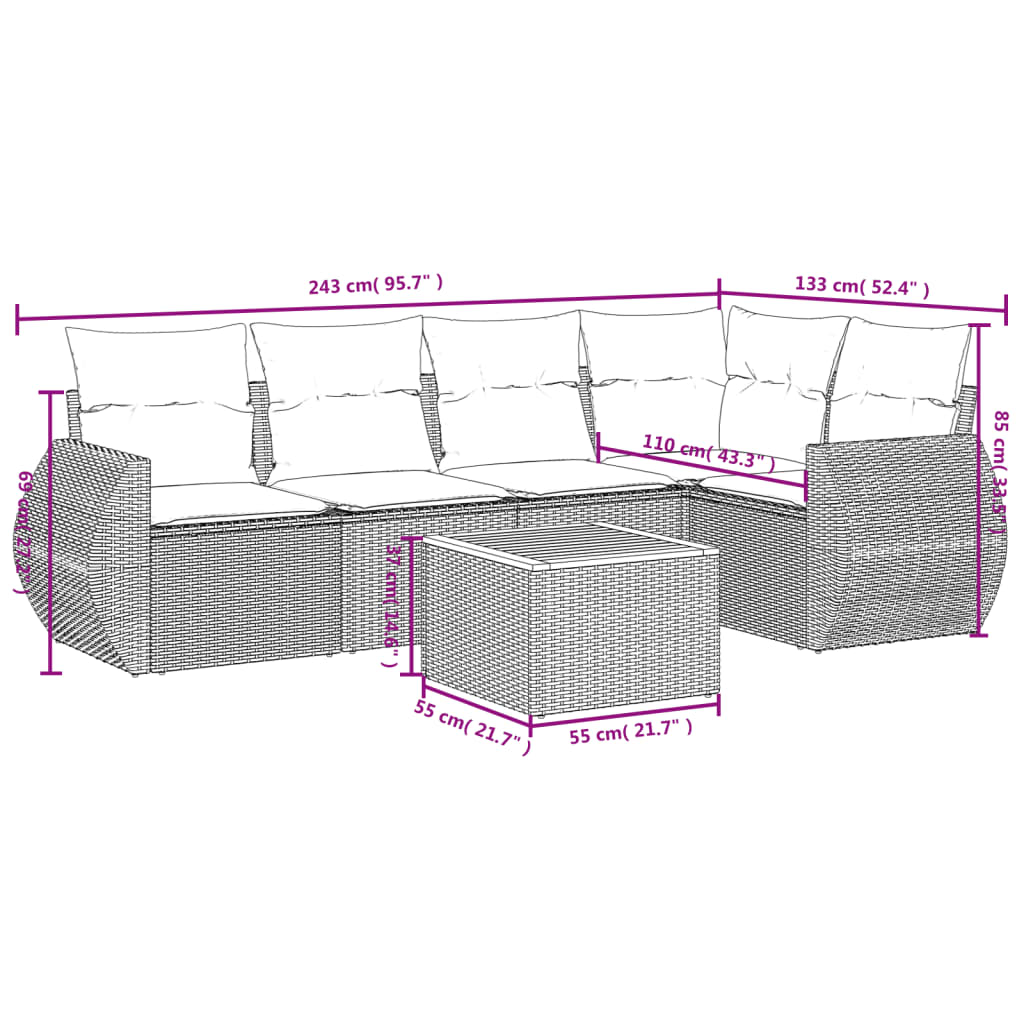 6-teiliges Gartensofa-Set mit Kissen, grau, Polyrattan