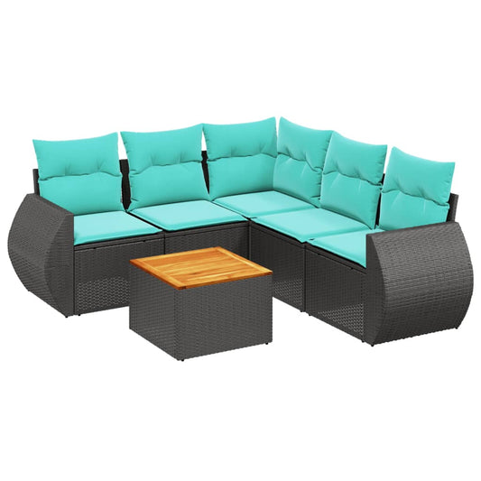 6-teiliges Gartensofa-Set mit Kissen, schwarzes Polyrattan