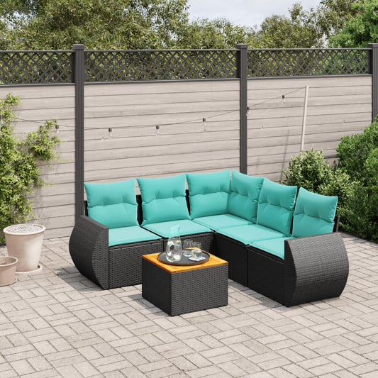 6-teiliges Gartensofa-Set mit Kissen, schwarzes Polyrattan