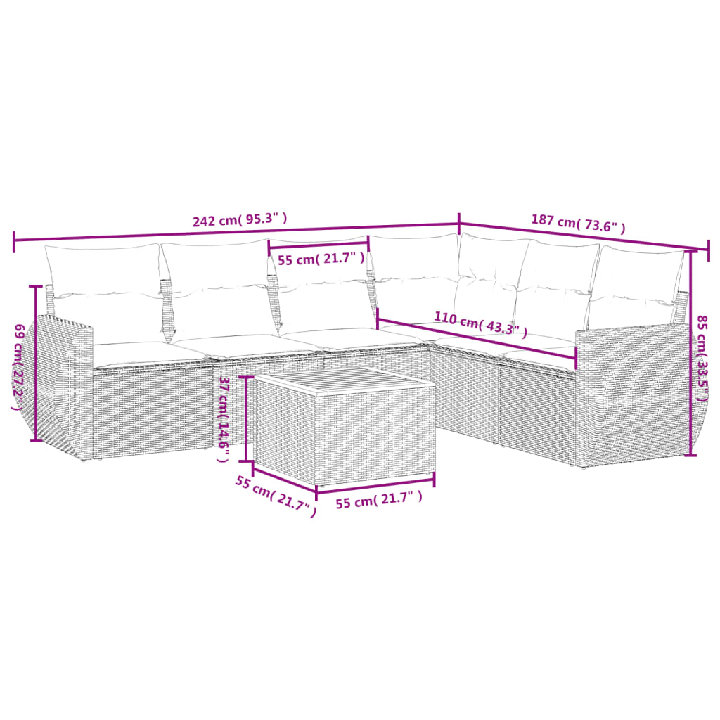 7-tlg. Garten-Sofagarnitur mit Kissen Schwarz Poly Rattan