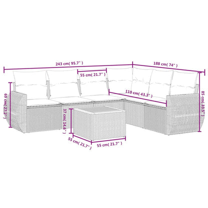 7-teiliges Gartensofa-Set mit Kissen, schwarzes Polyrattan