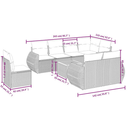 9-teiliges Gartensofa-Set mit Kissen, schwarzes Polyrattan