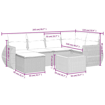 7-teiliges Gartensofa-Set mit Kissen, schwarzes Polyrattan