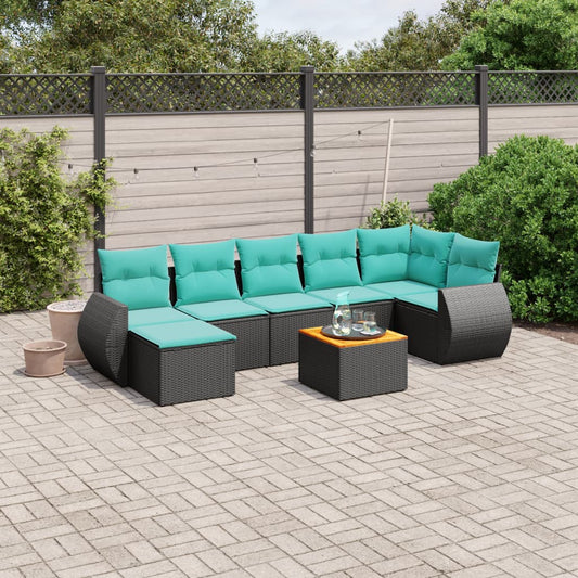 8-teiliges Gartensofa-Set mit Kissen, schwarzes Polyrattan