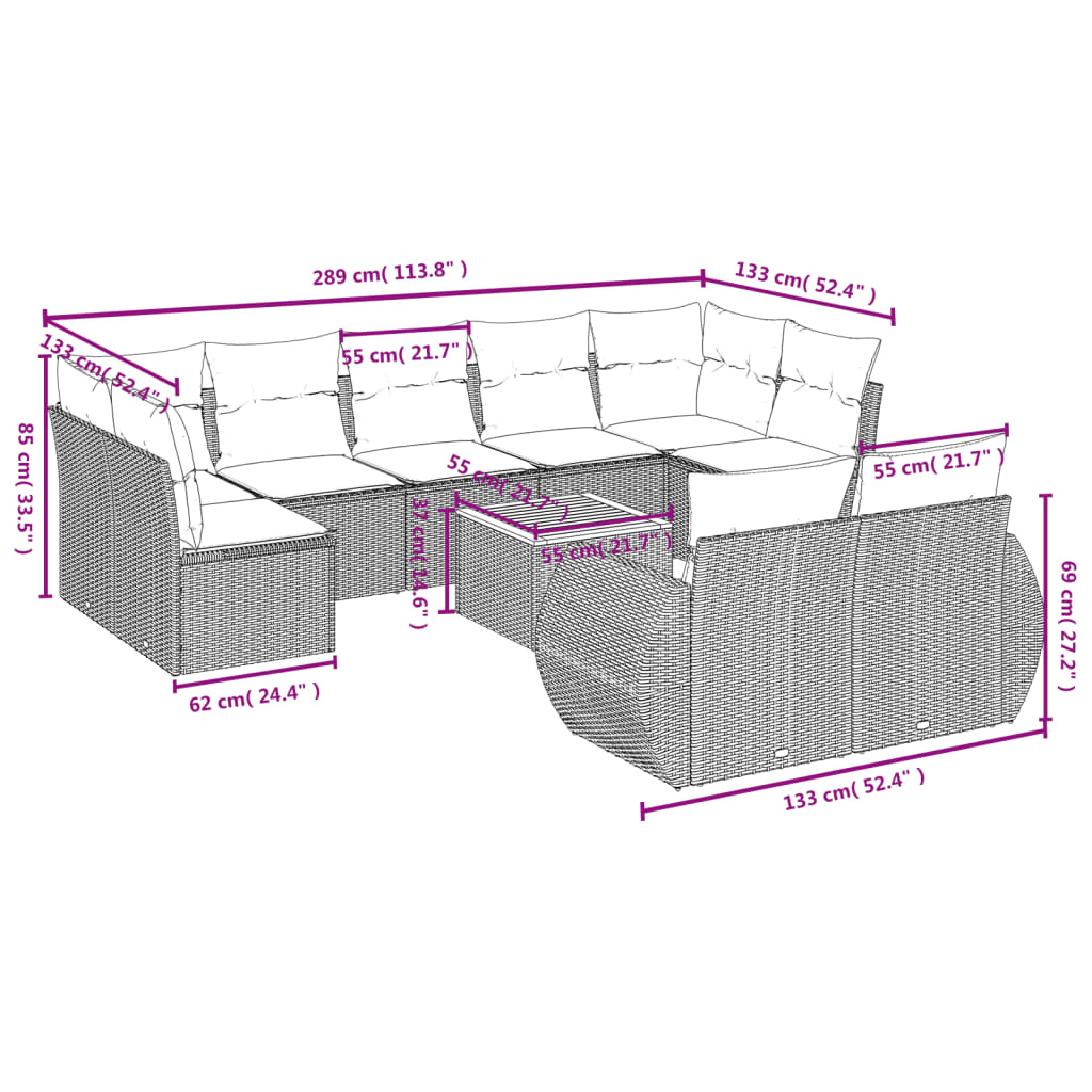 10-teiliges Gartensofa-Set mit Kissen, grau, Polyrattan