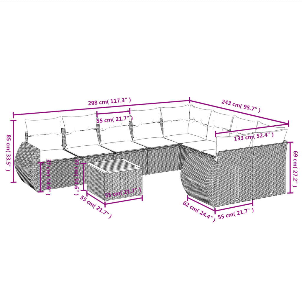 10-teiliges Gartensofa-Set mit Kissen, grau, Polyrattan