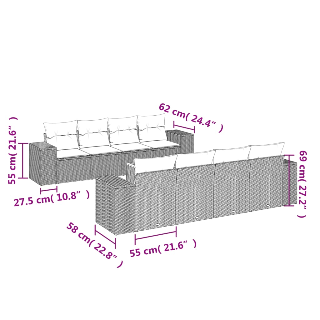 9-tlg. Garten-Sofagarnitur mit Kissen Beige Poly Rattan