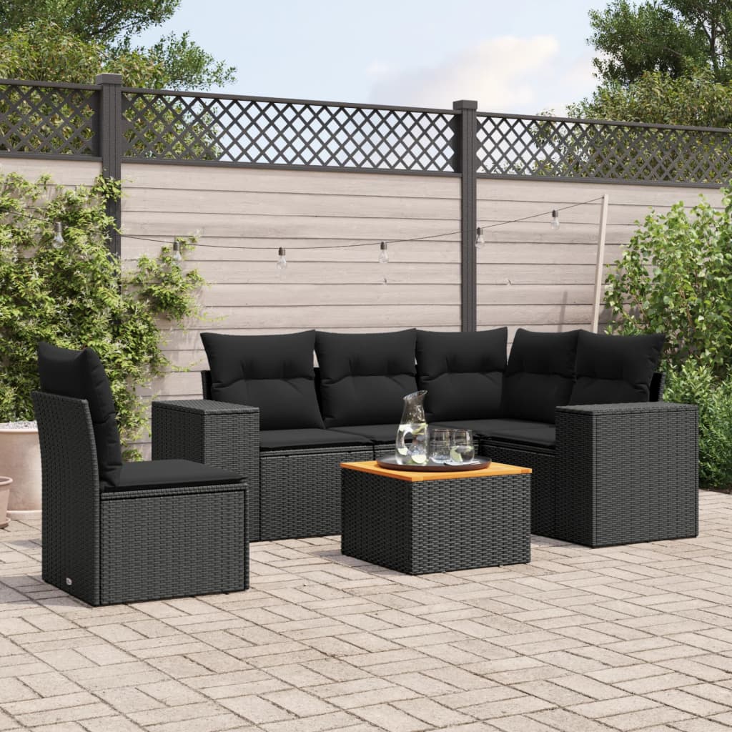 6-tlg. Garten-Sofagarnitur mit Kissen Schwarz Poly Rattan