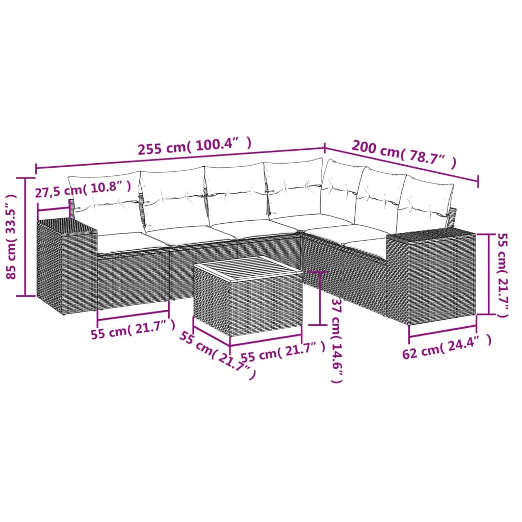 7-tlg. Garten-Sofagarnitur mit Kissen Grau Poly Rattan