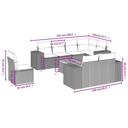 9-teiliges Gartensofa-Set mit Kissen, grau, Polyrattan