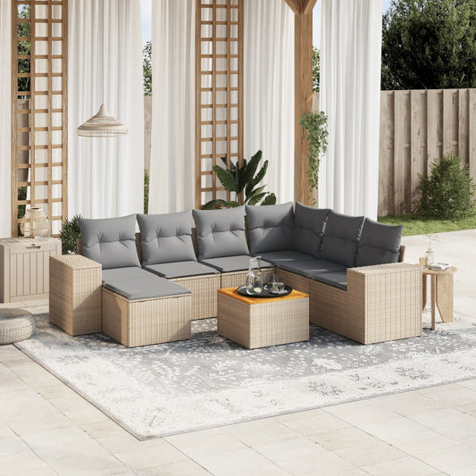 8-tlg. Garten-Sofagarnitur mit Kissen Beige Poly Rattan