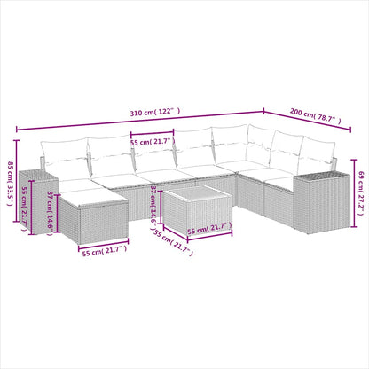 9-teiliges Gartensofa-Set mit Kissen, grau, Polyrattan