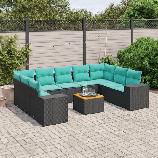 10-teiliges Gartensofa-Set mit Kissen, schwarzes Polyrattan