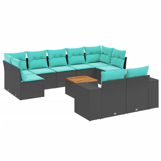 10-teiliges Gartensofa-Set mit Kissen, schwarzes Polyrattan