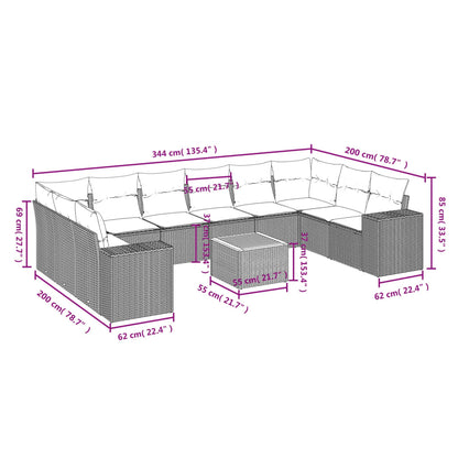 11-teiliges Gartensofa-Set mit Kissen, schwarzes Polyrattan