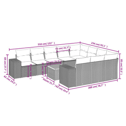 11-teiliges Gartensofa-Set mit Kissen, schwarzes Polyrattan
