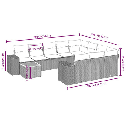 11-teiliges Gartensofa-Set mit Kissen, schwarzes Polyrattan