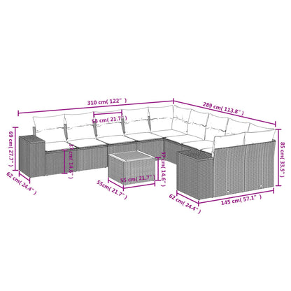 11-teiliges Gartensofa-Set mit Kissen, schwarzes Polyrattan