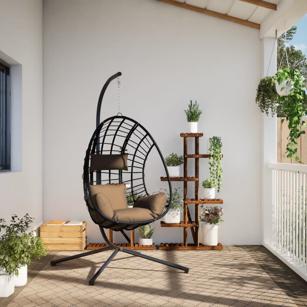 Hængende stol ægdesign med stativ Taupe rattan og stål
