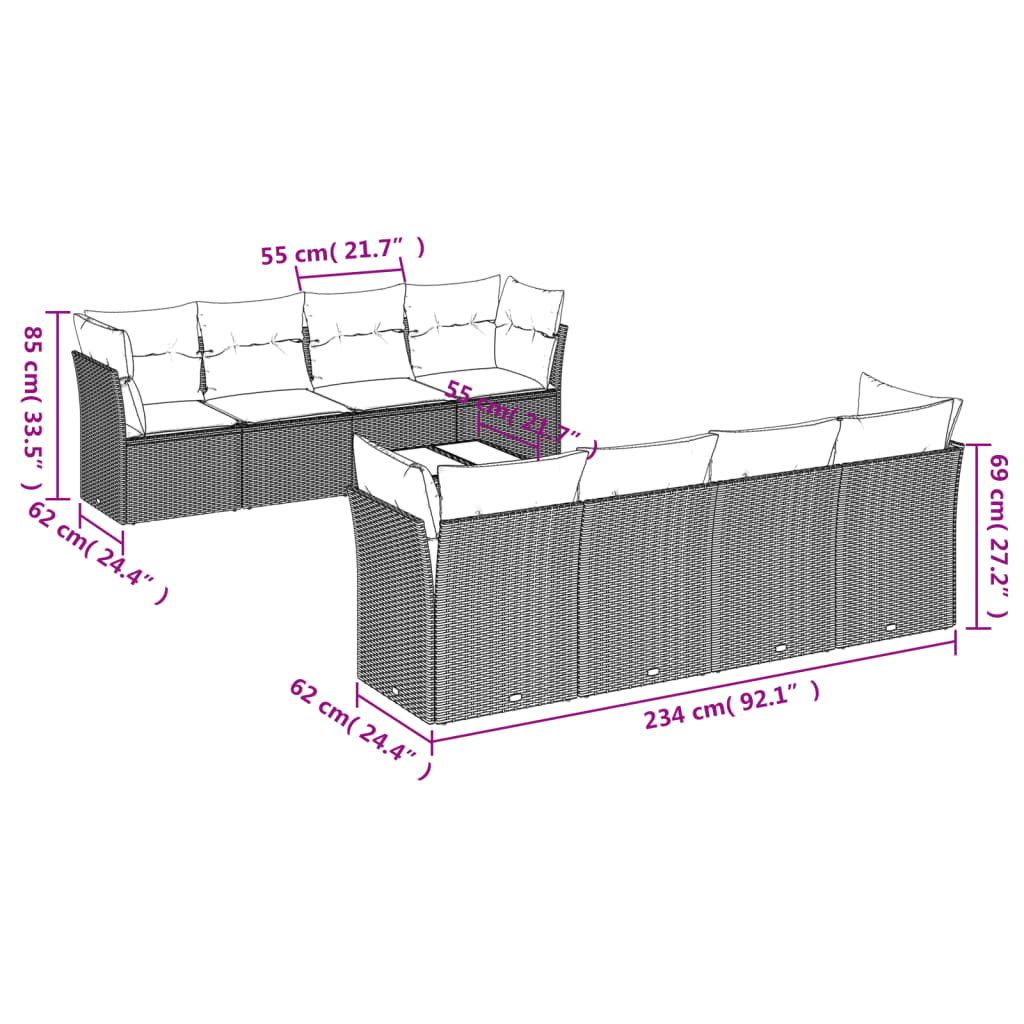 9-tlg. Garten-Sofagarnitur mit Kissen Schwarz Poly Rattan