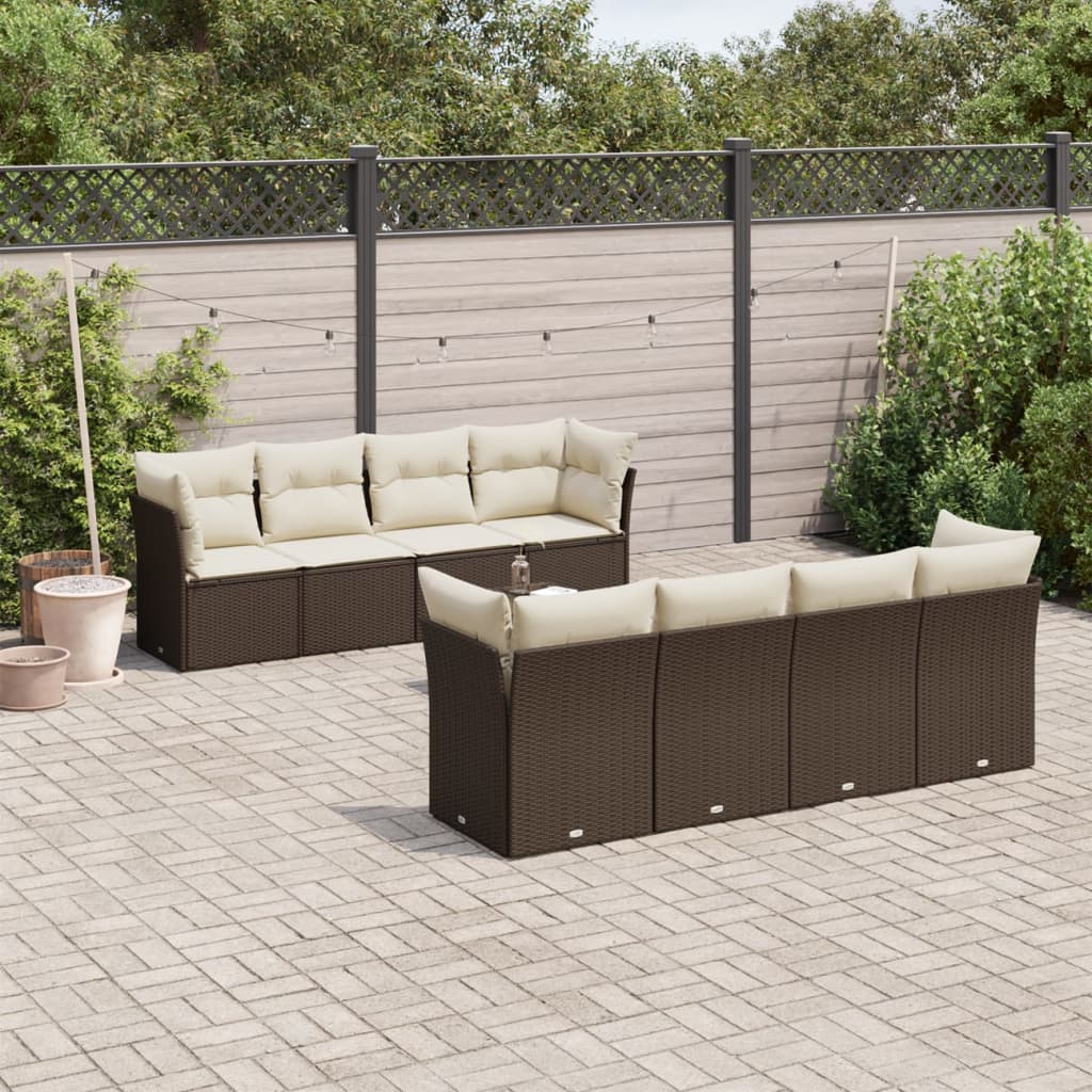 9-tlg. Garten-Sofagarnitur mit Kissen Braun Poly Rattan