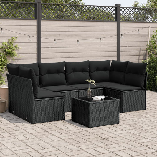7-delt sæt Havesofasæt med puder Sort polyrattan