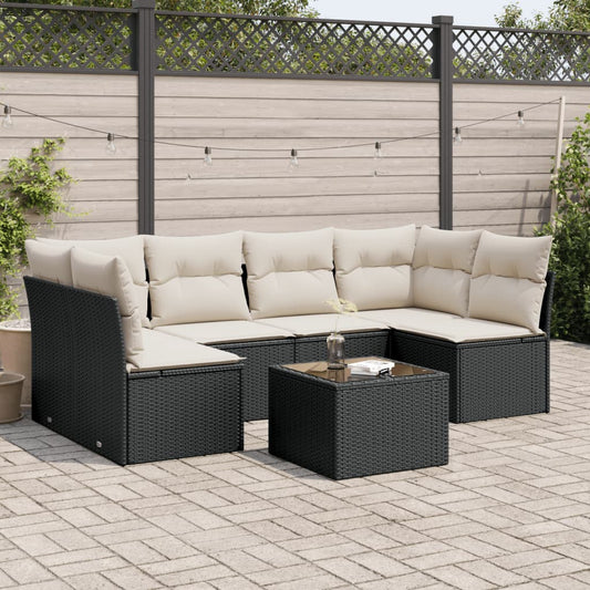 7-delt sæt Havesofasæt med puder Sort polyrattan