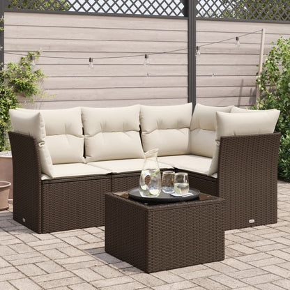 5-tlg. Garten-Sofagarnitur mit Kissen Braun Poly Rattan