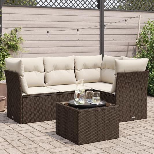 5-tlg. Garten-Sofagarnitur mit Kissen Braun Poly Rattan