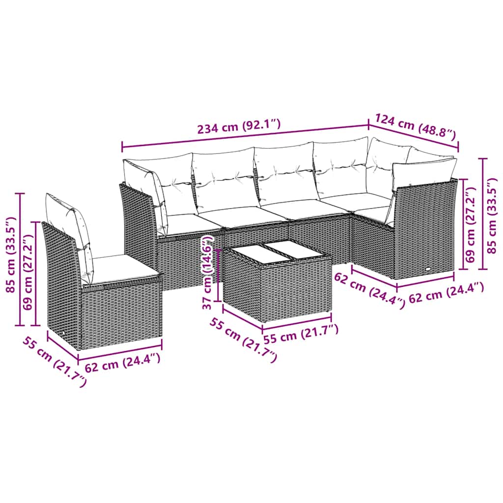 7-tlg. Garten-Sofagarnitur mit Kissen Hellgrau Poly Rattan