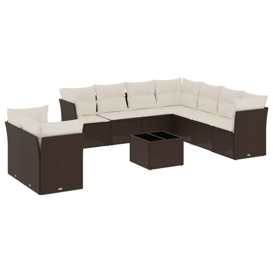 10-tlg. Garten-Sofagarnitur mit Kissen Braun Poly Rattan