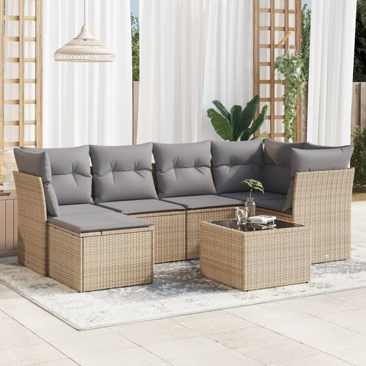 7-tlg. Garten-Sofagarnitur mit Kissen Beige Poly Rattan