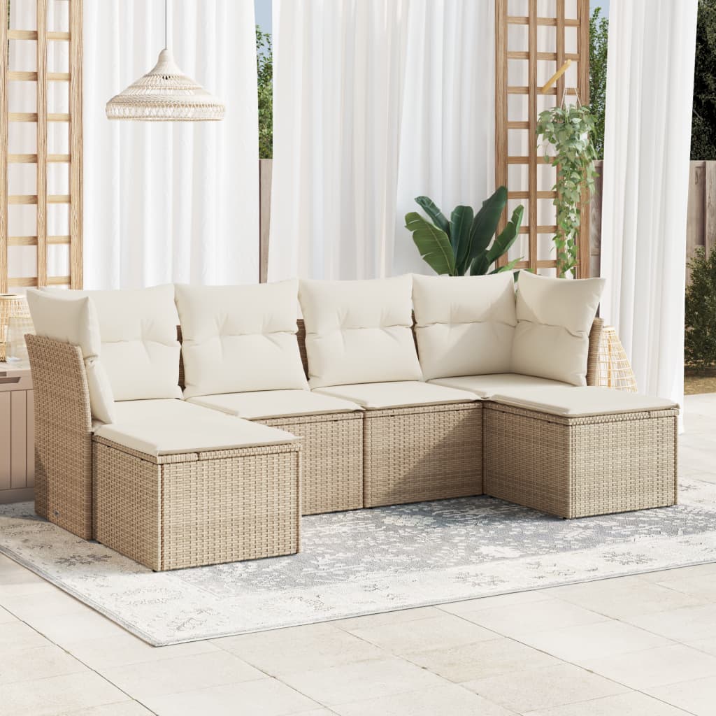 6-tlg. Garten-Sofagarnitur mit Kissen Beige Poly Rattan