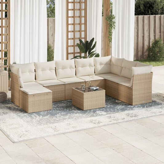 9-tlg. Garten-Sofagarnitur mit Kissen Beige Poly Rattan
