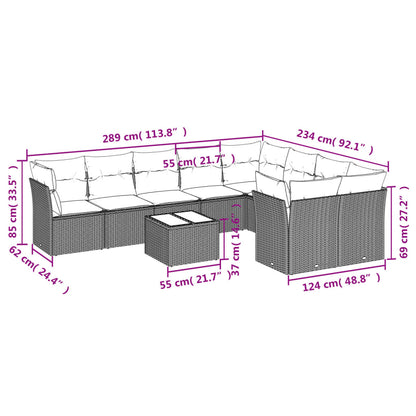 10-tlg. Garten-Sofagarnitur mit Kissen Braun Poly Rattan
